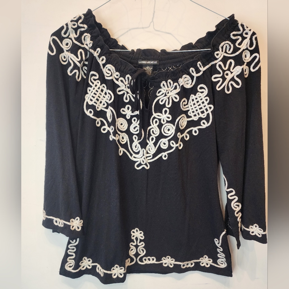 Lauren Michelle Top Large Blouse Tunic Embroidered Crew Neck Boho Classic Black - Picture 2 of 9
